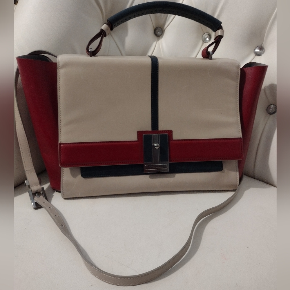 CLASSY GENUINE LEATHER SANTONI TRI COLOR RED, BLUE AND CREAM TOTE WITH STRAP